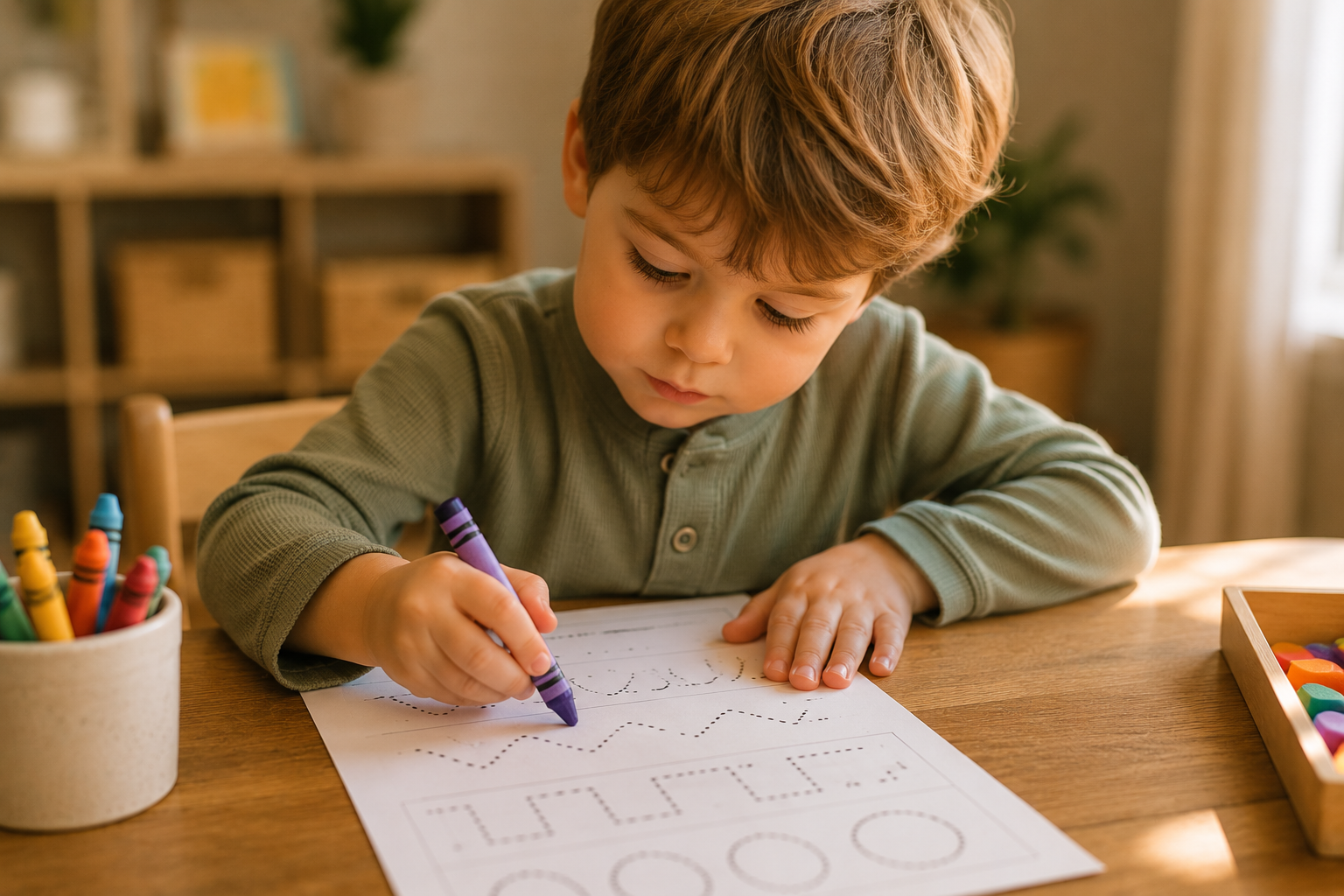 Preschool child tracing lines on a worksheet with a crayon