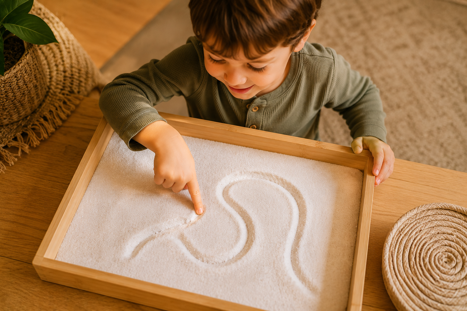 Preschool child tracing lines in a sand tray with their finger