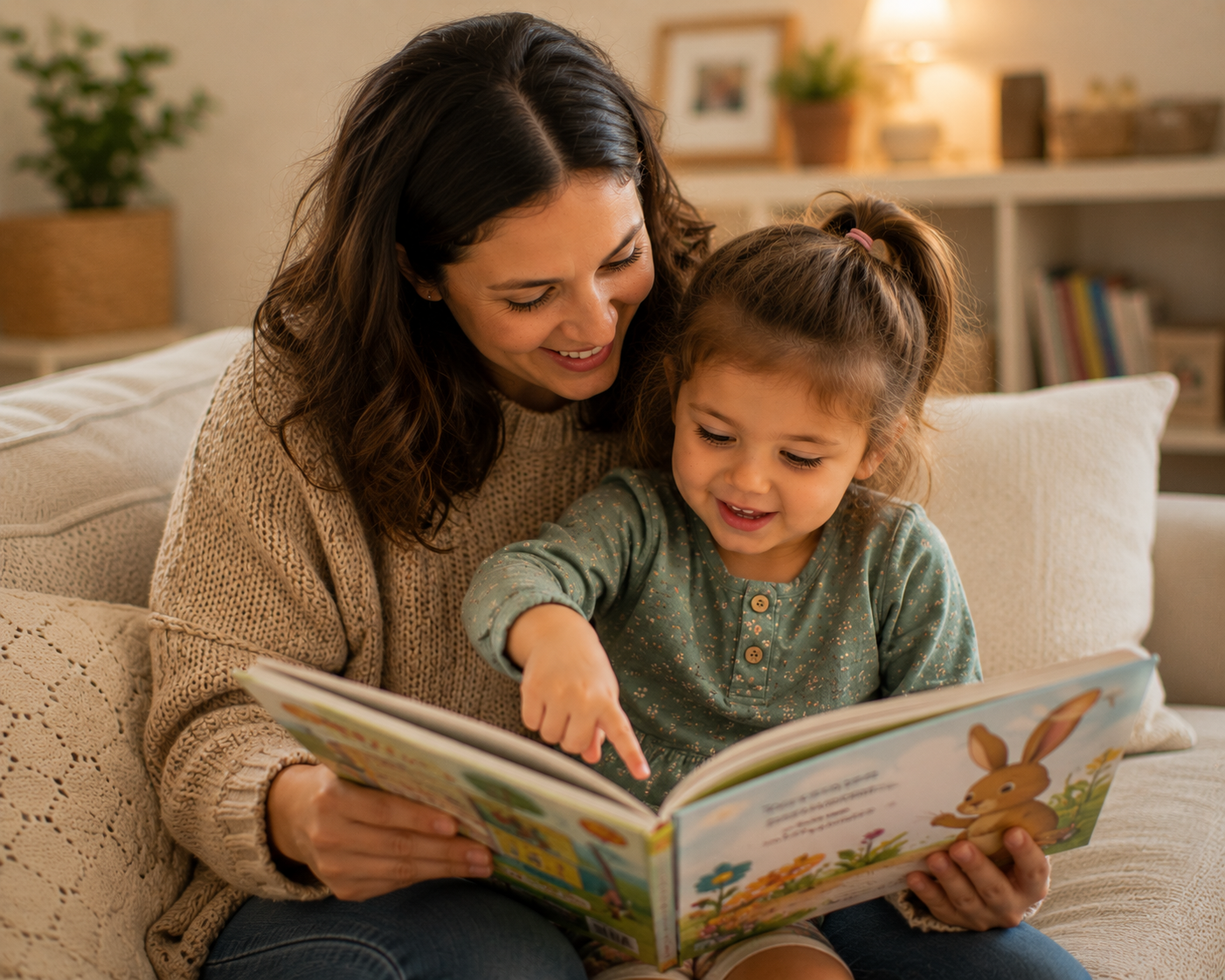 Parent reading a picture book with a preschool child while building early reading skills for preschoolers