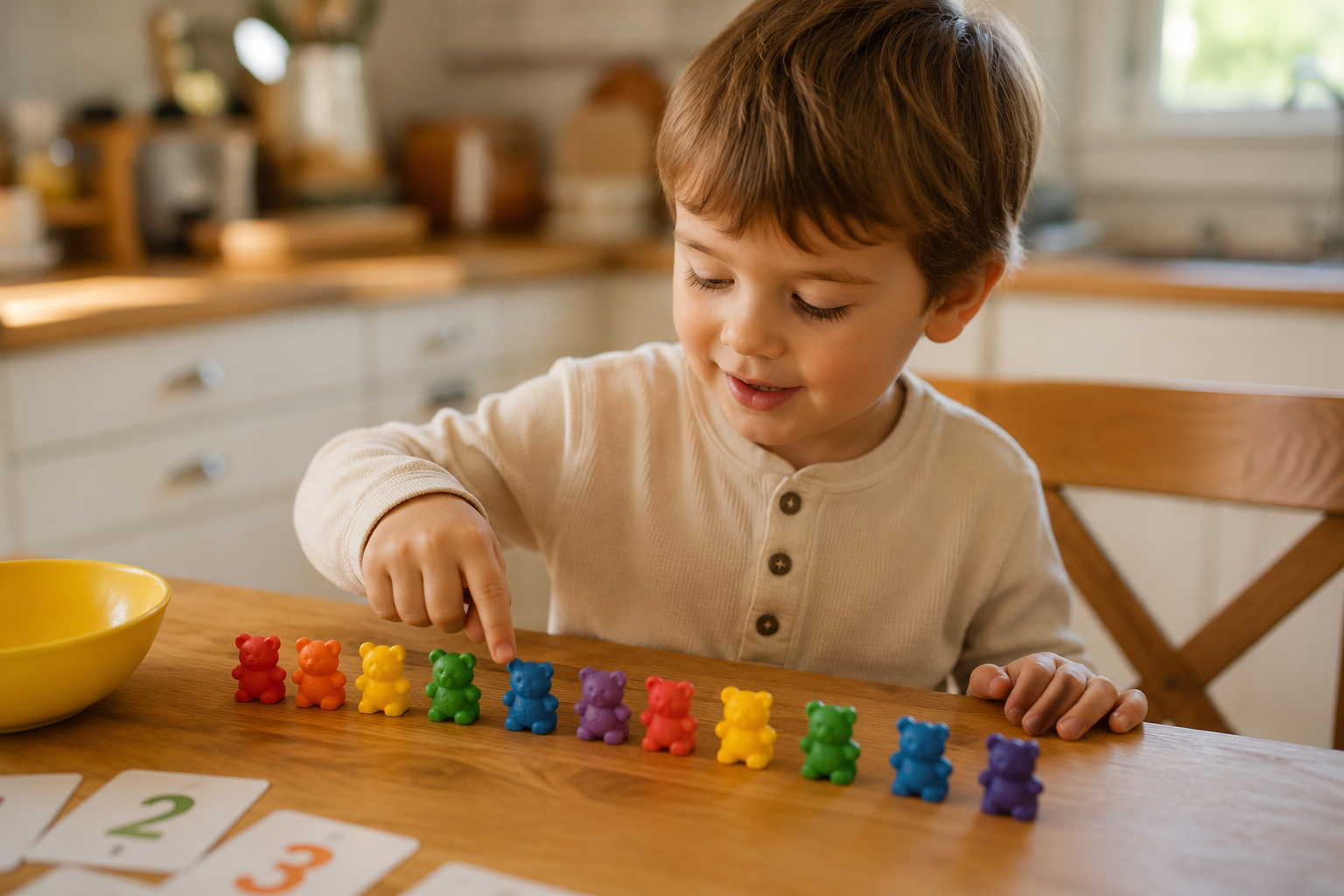 Preschool child counting colorful bears at a kitchen table