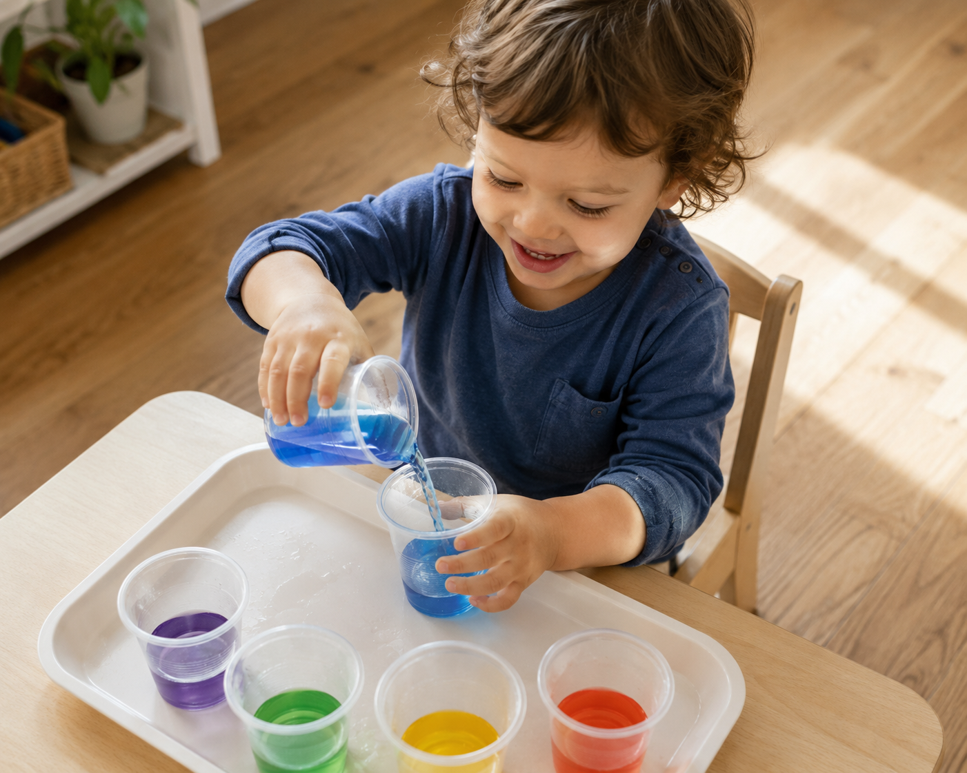 Toddler pouring colored water during a screen-free learning activity