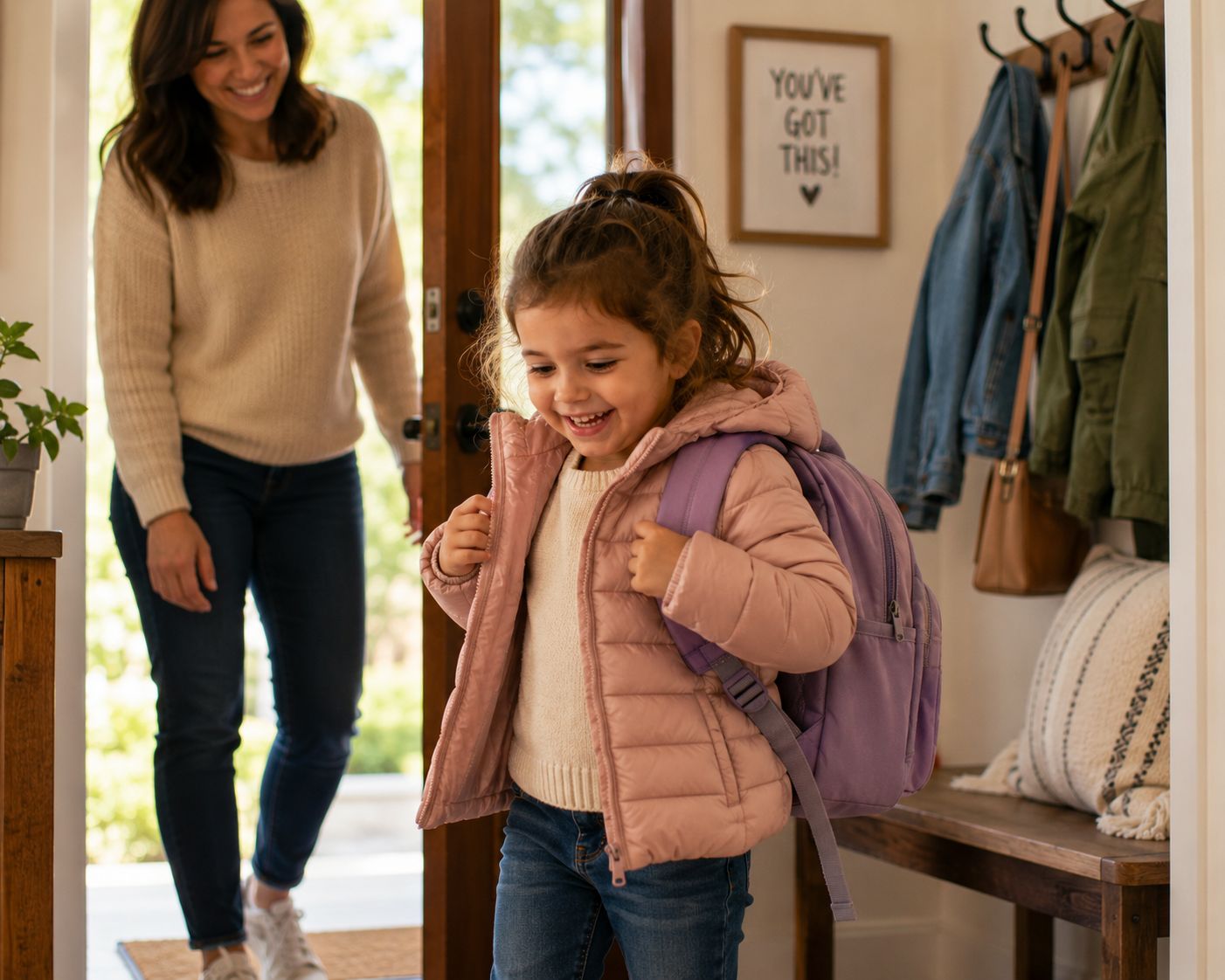 independent preschool child putting on backpack before kindergarten