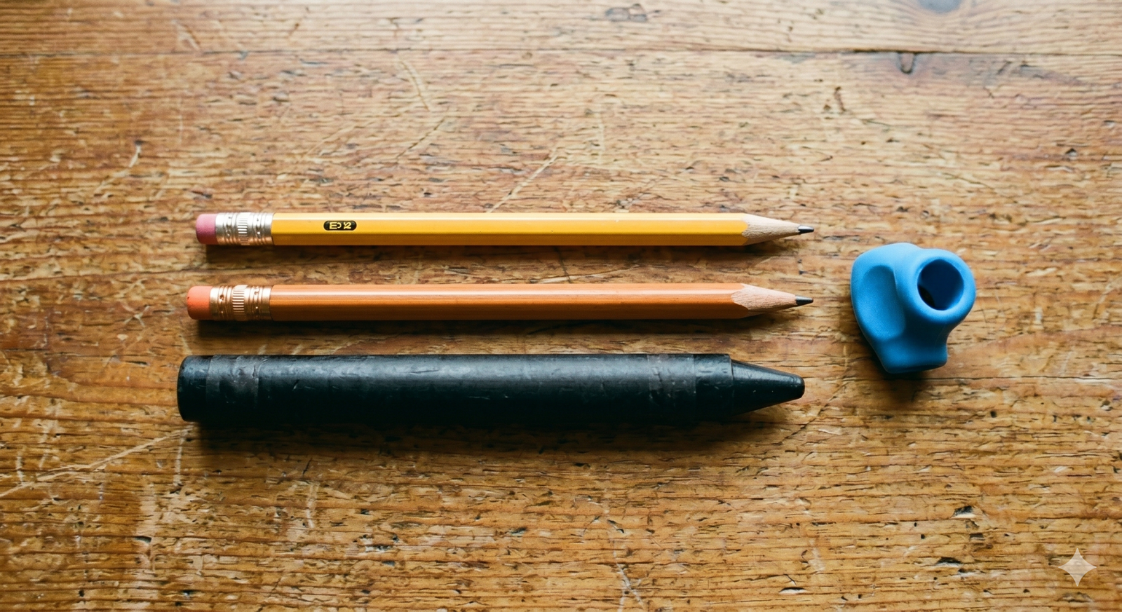 Triangular pencil, standard pencil, jumbo crayon, and pencil grip tool on a wooden table