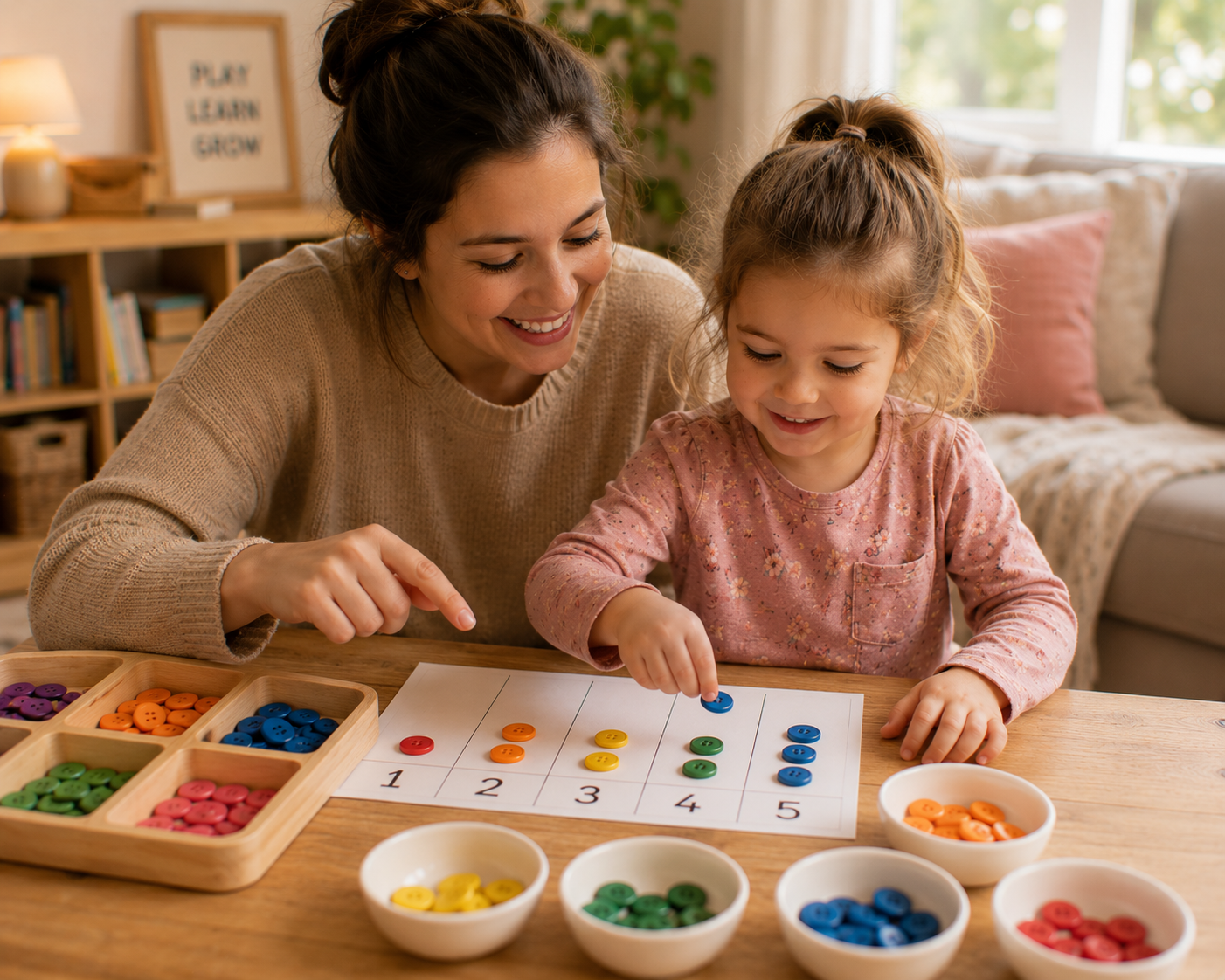 Parent and child playing a counting and sorting game with household objects