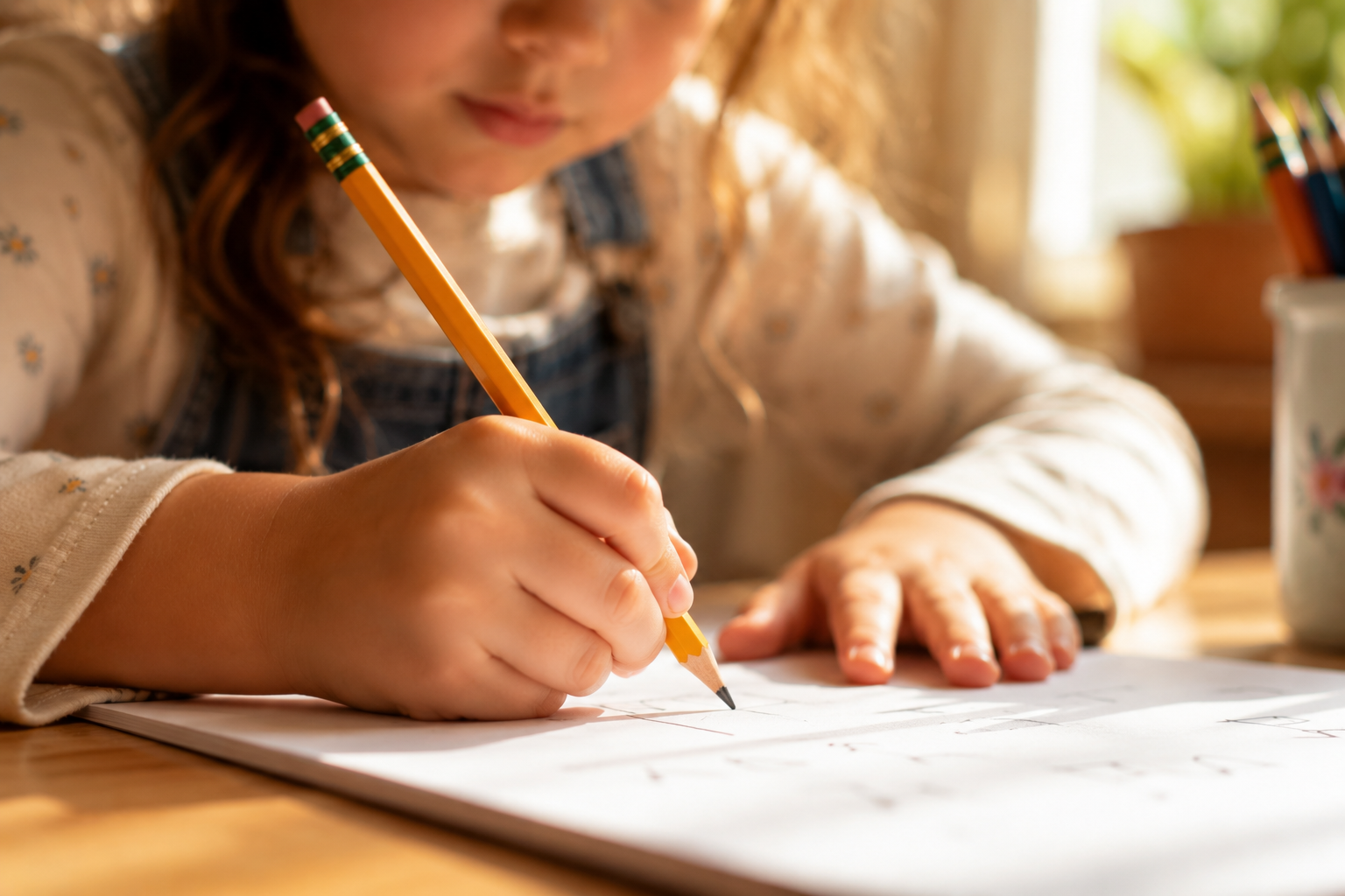 Close-up of a preschool child using a correct tripod pencil grip while writing