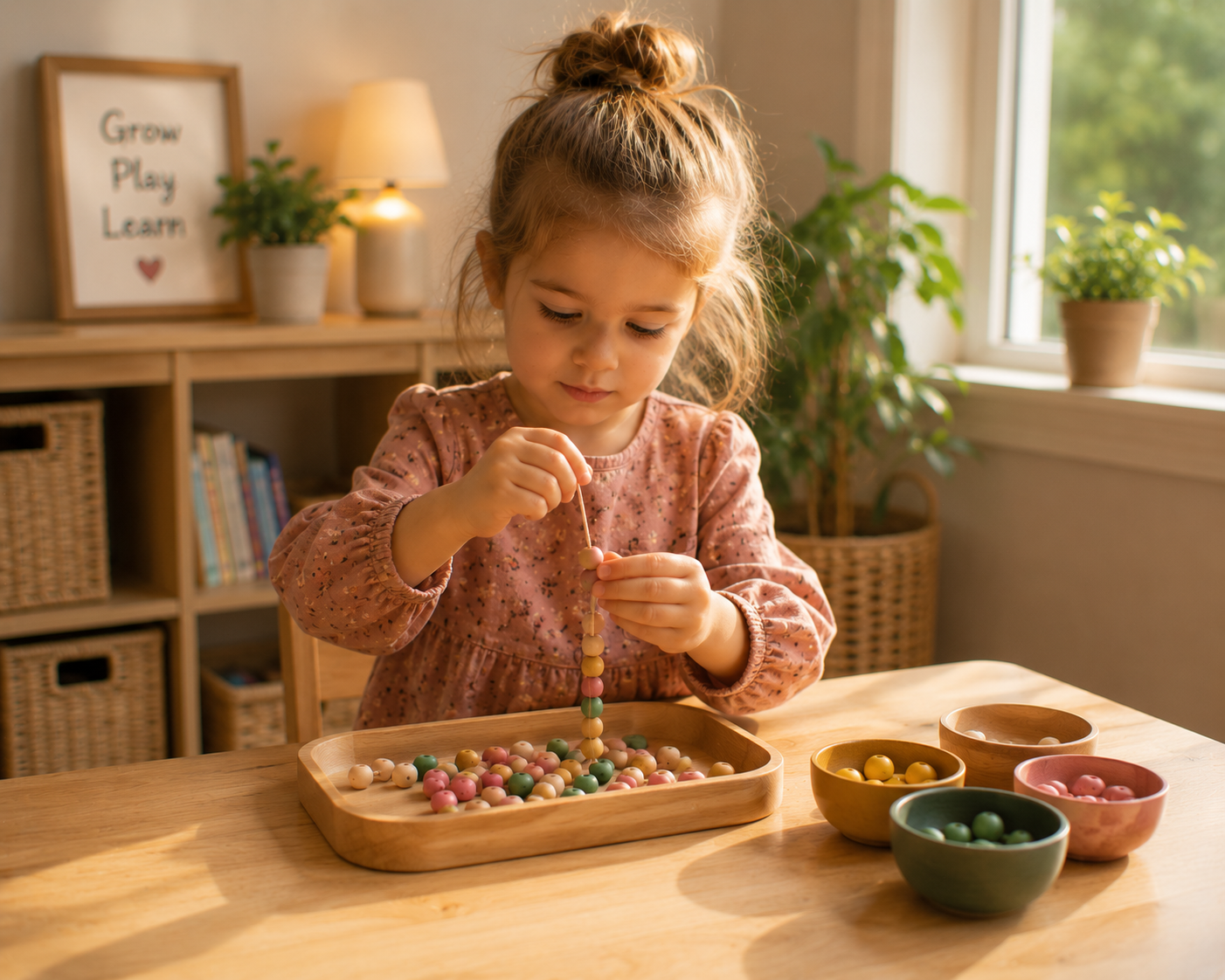Preschool child quietly threading beads and practicing fine motor skills