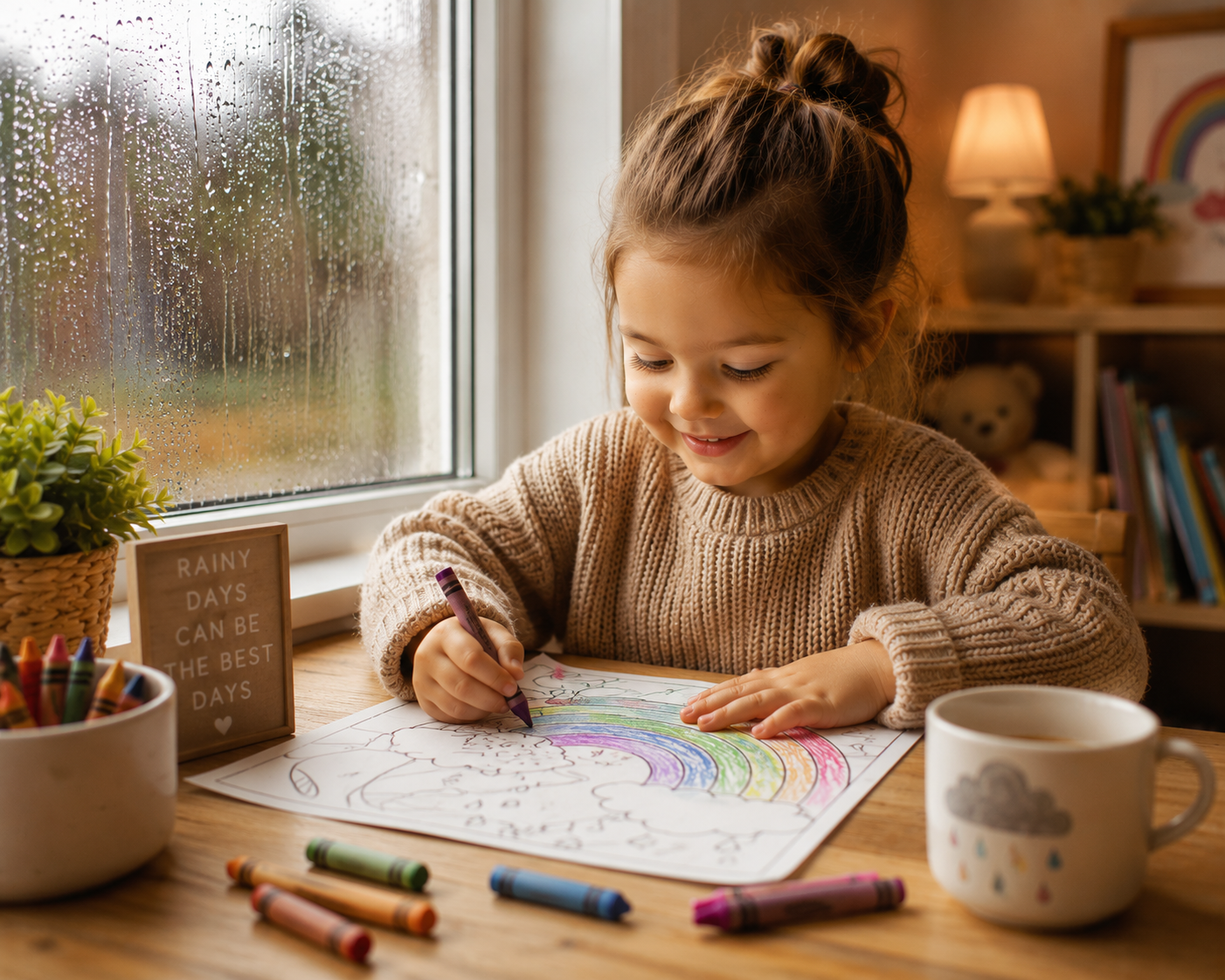 Child enjoying a rainy day learning activity at home