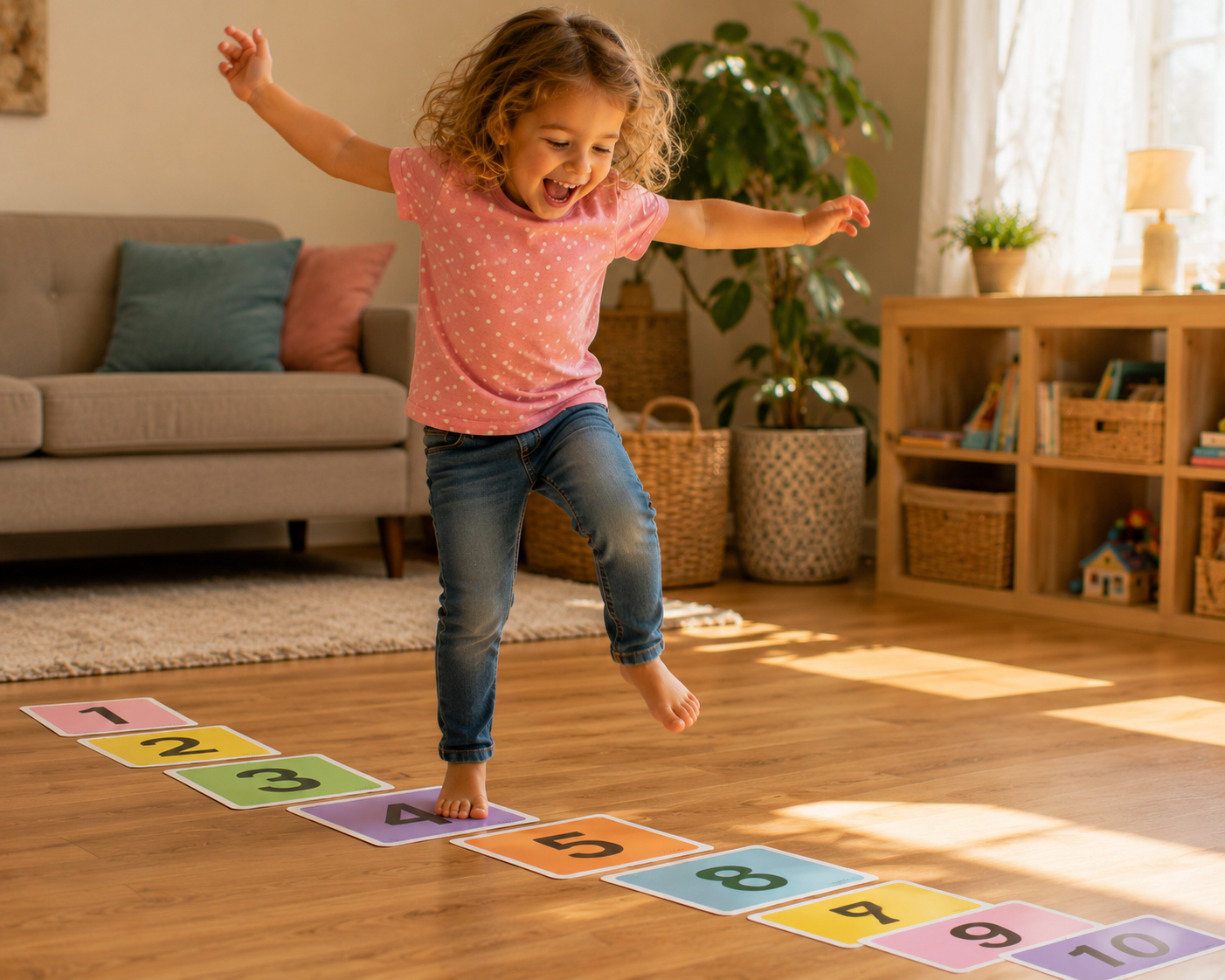 Preschool child enjoying an active learning game at home