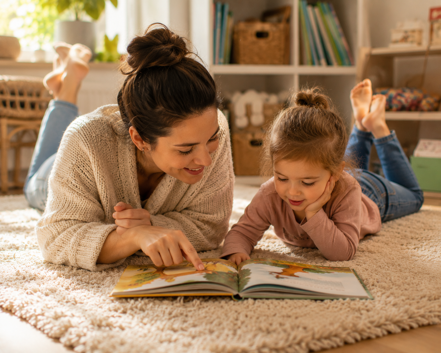 Parent and child reading together during homeschool preschool activities