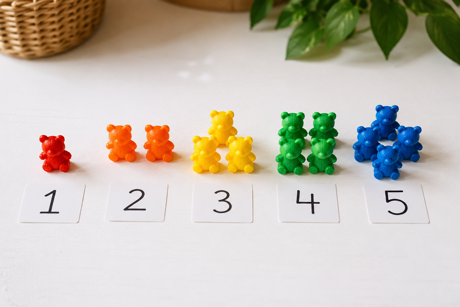 Counting bears grouped with number cards for preschool math practice