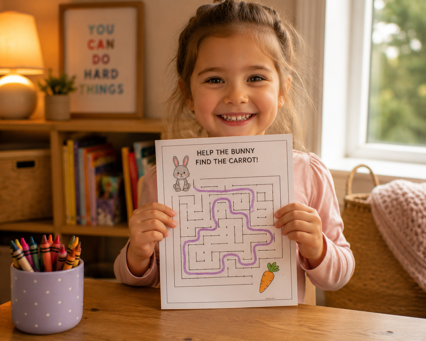 Child proudly showing completed printable activity