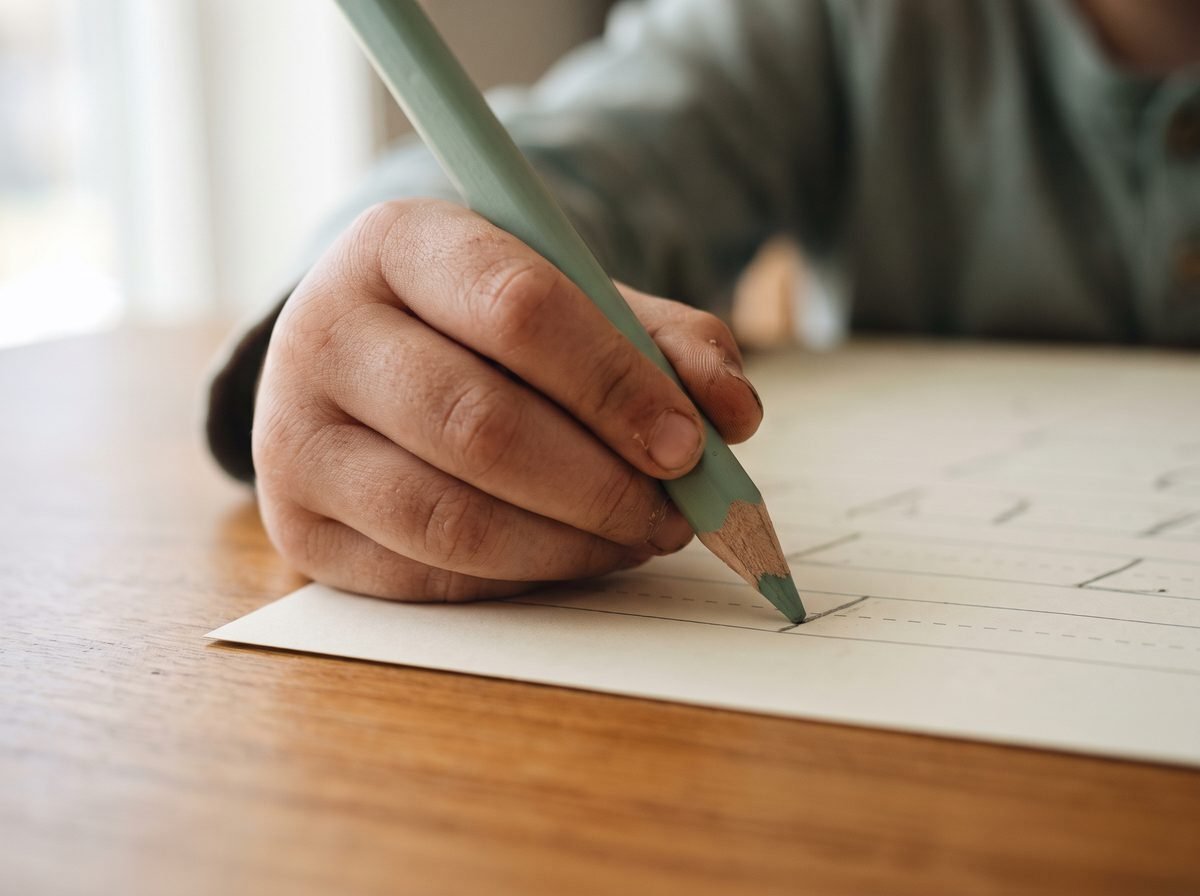 Close-up of a small hand gripping a triangular pencil while tracing on a printable sheet