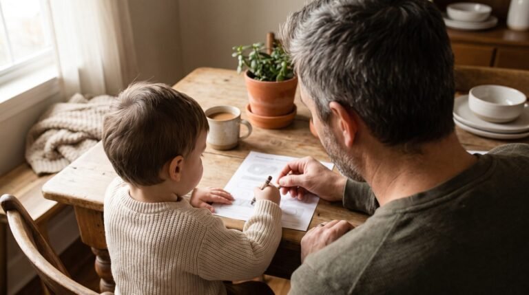 Parent and preschooler sitting together at a table with a printable tracing worksheet in warm light