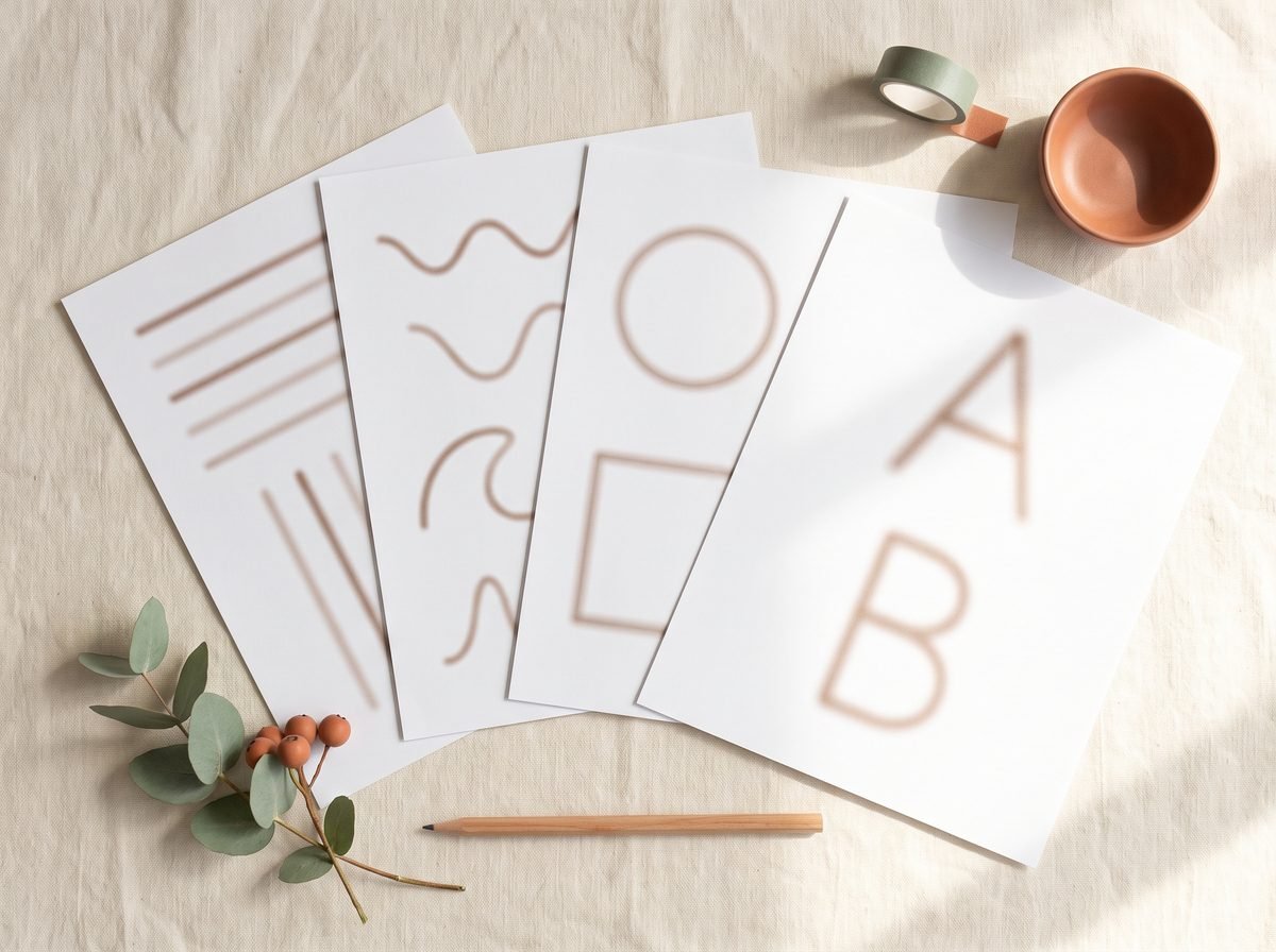 Flat-lay of tracing worksheets arranged in progression from lines to shapes to letters