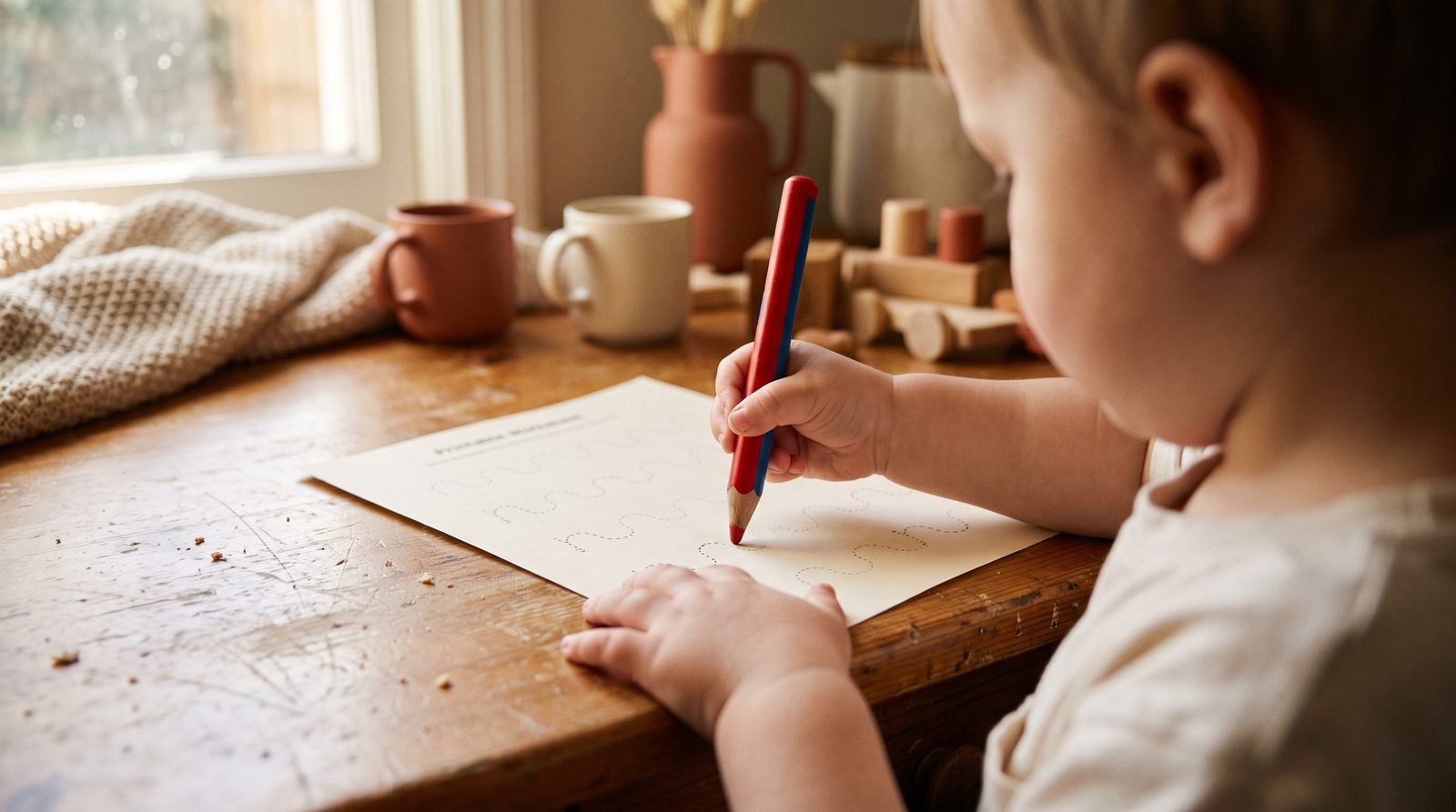 A child's hand tracing straight lines on a printable worksheet at a wooden kitchen table