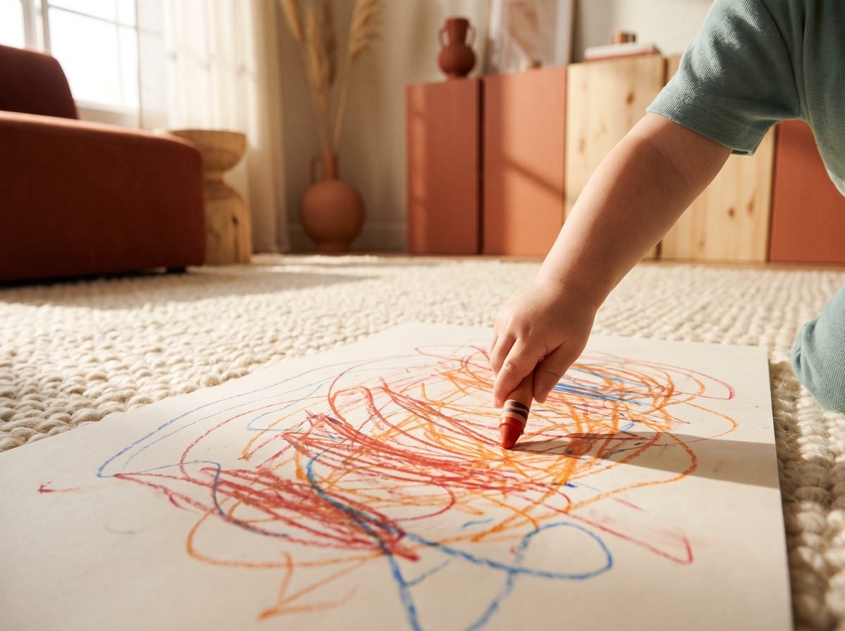 Toddler making large crayon scribbles on paper as a pre-tracing stage