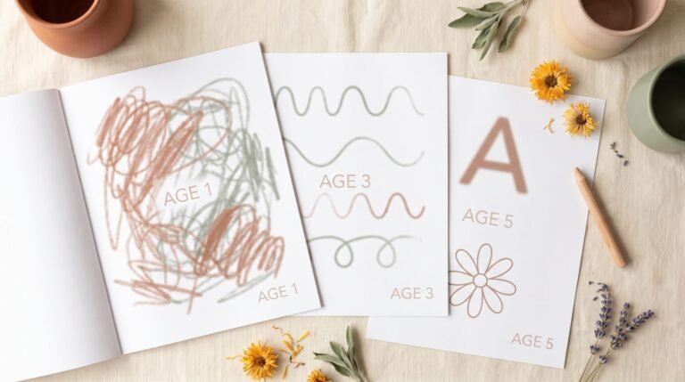 Flat-lay showing three tracing worksheets progressing by age from scribbles to lines to a letter