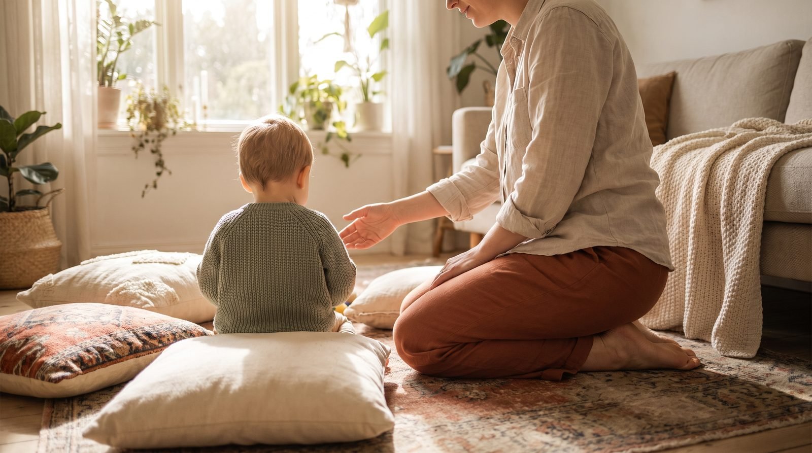 Parent kneeling calmly beside an upset small child in a cozy living room