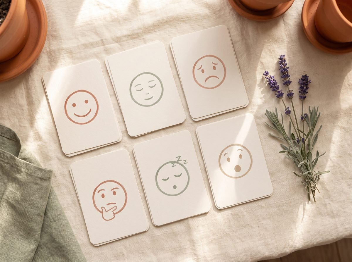 Flat-lay of printable emotion cards with simple face icons on a linen surface