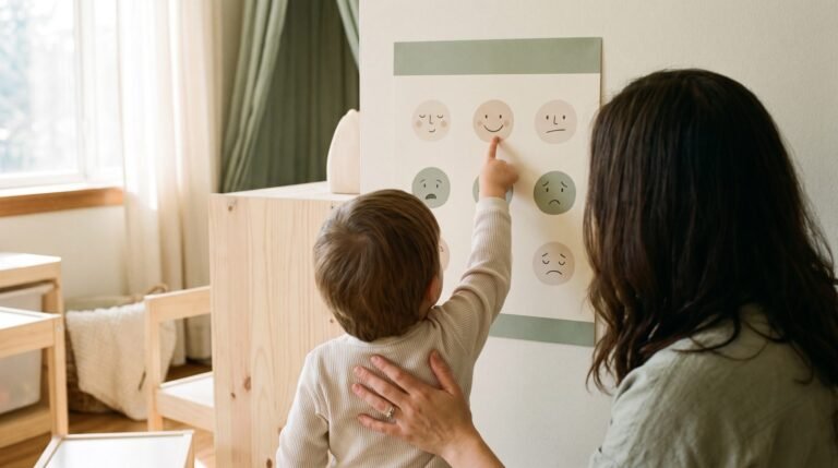 A parent and child looking together at a printable feelings chart on the wall
