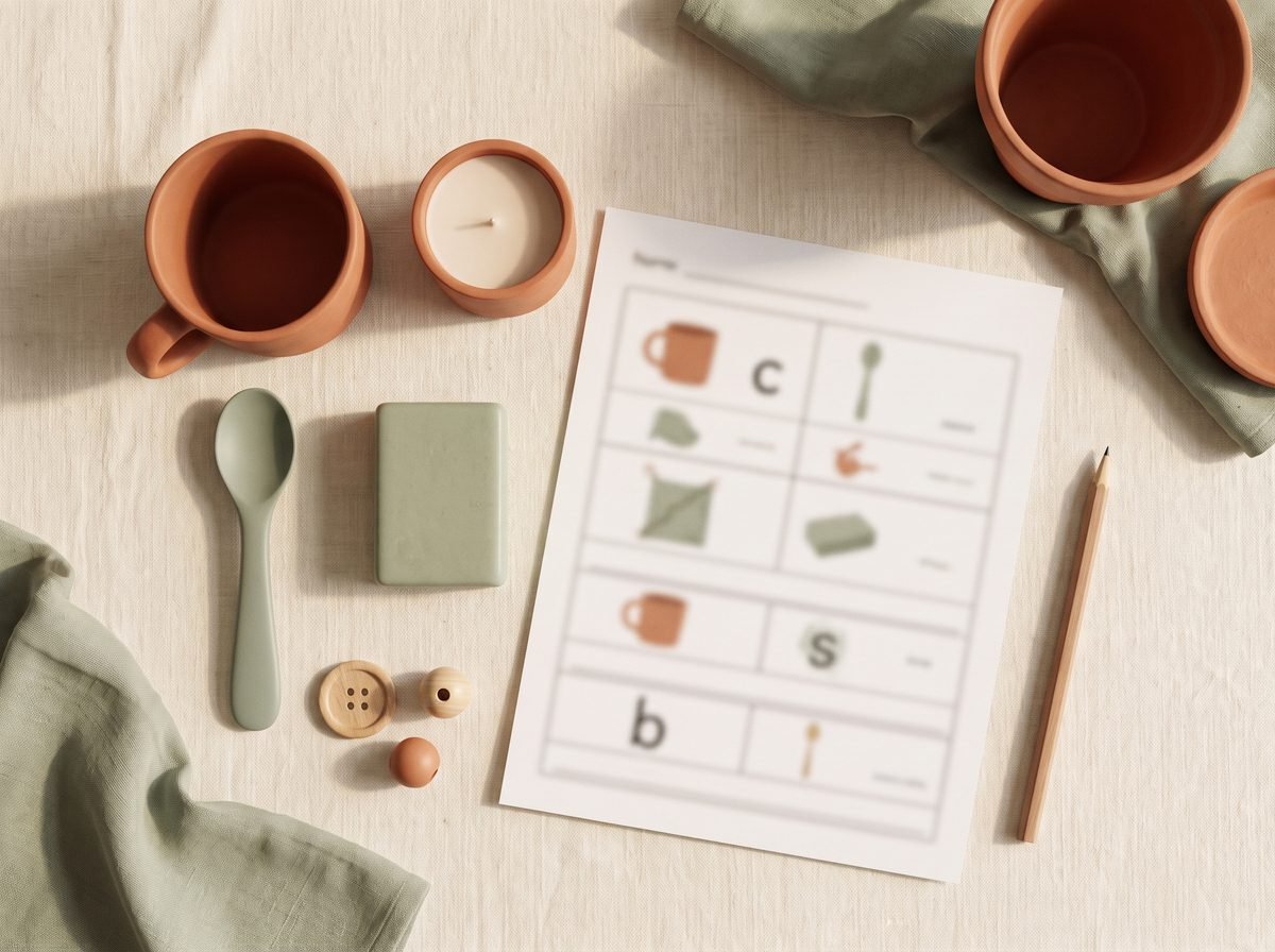 Flat-lay of small objects grouped by beginning sound beside a phonics worksheet