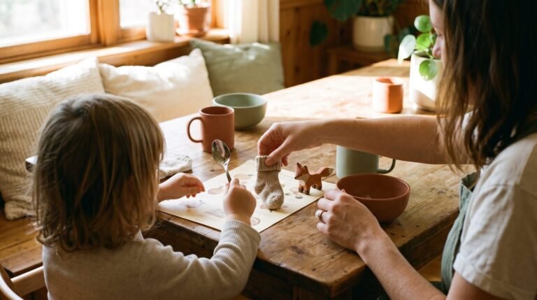 Parent and child playing a letter-sound game with small objects on a table