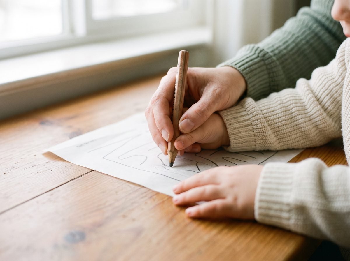 Parent gently placing a hand over a child's hand to guide a pencil stroke