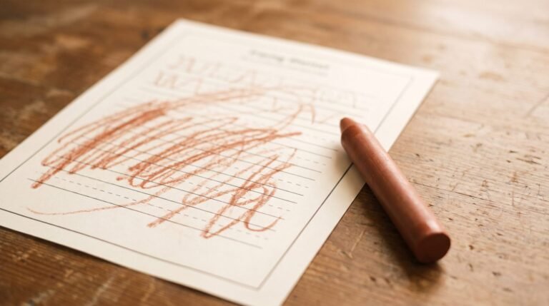 A preschooler's scribbled-over tracing worksheet on a table with a crayon