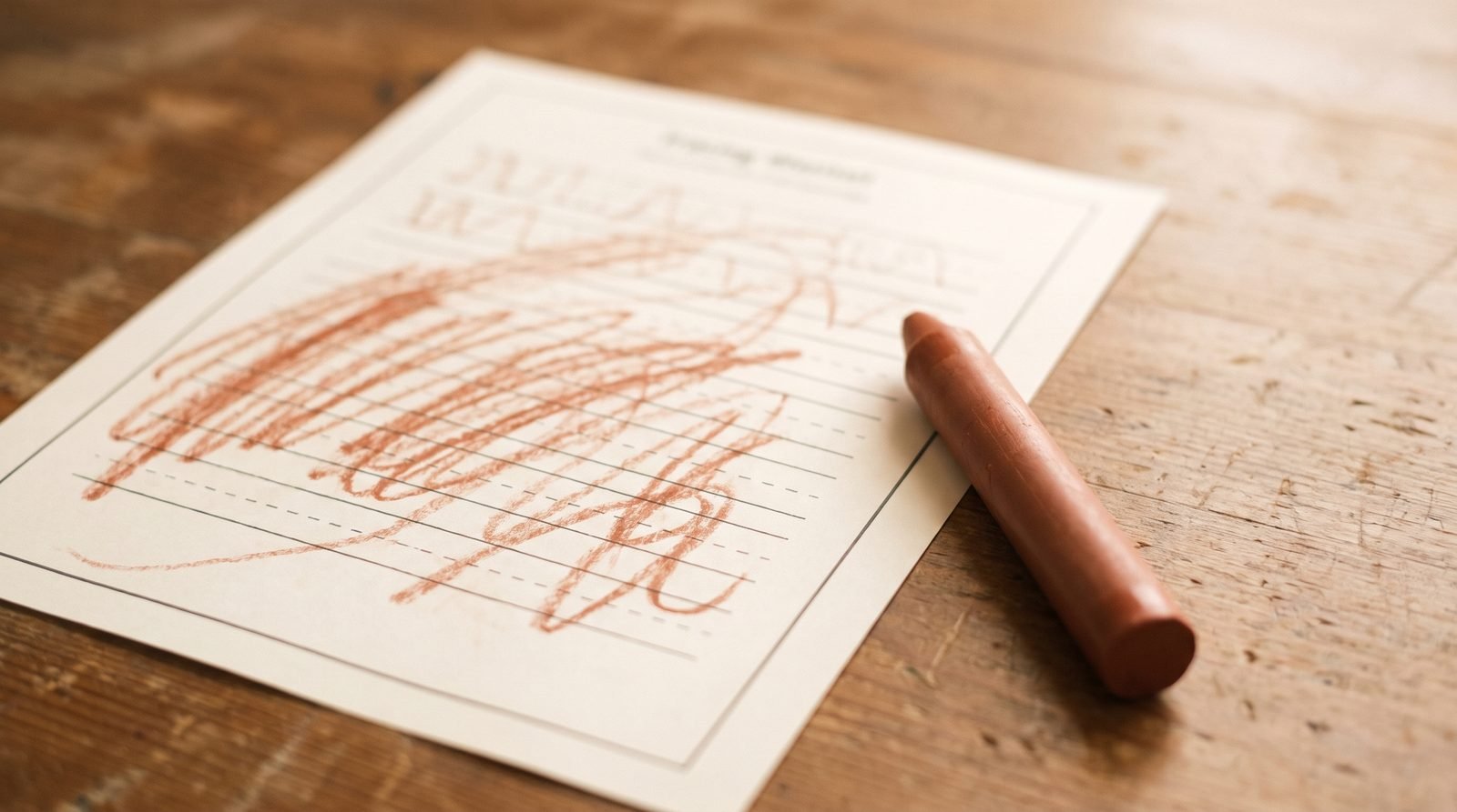 A preschooler's scribbled-over tracing worksheet on a table with a crayon