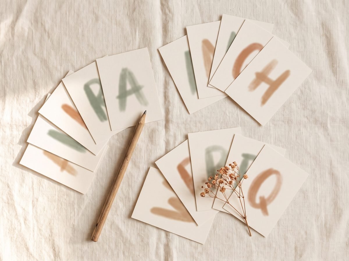 Flat-lay of letter cards grouped by ease of formation on a linen surface