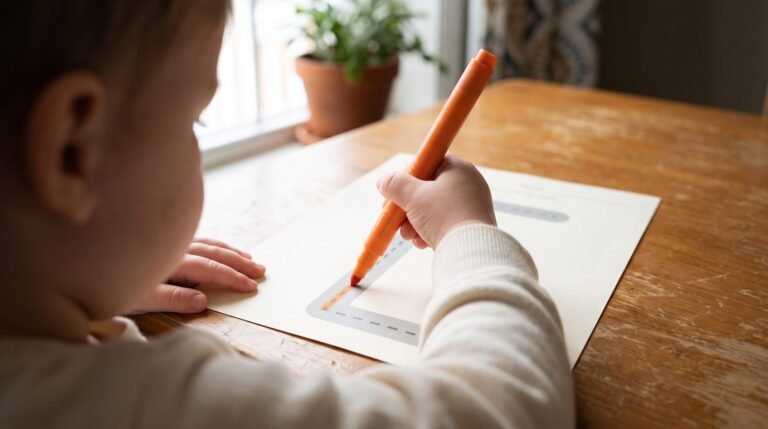 A child tracing a simple straight-line letter on a printable sheet