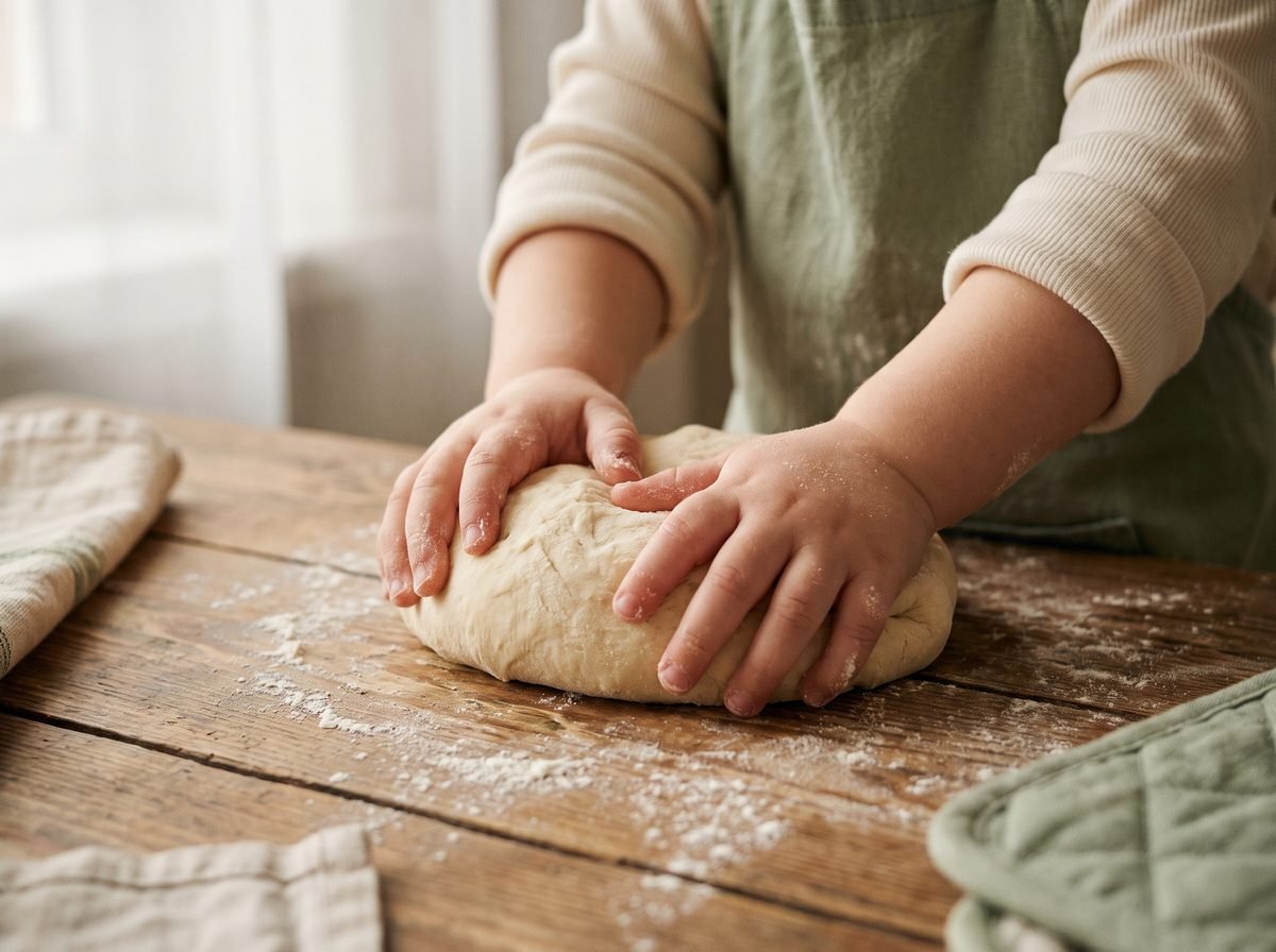 Toddler hands squeezing playdough as a hand-strength activity