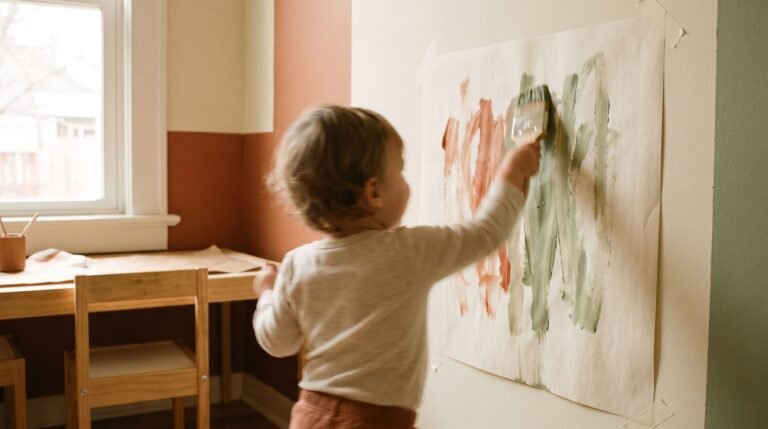 A toddler painting big vertical strokes on paper taped to a wall