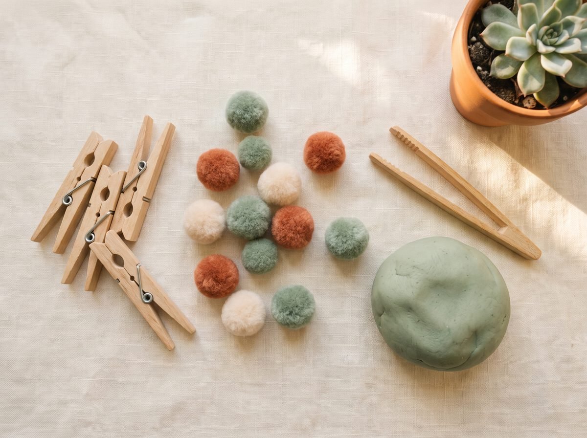 Flat-lay of fine-motor tools: clothespins, pom-poms, tweezers and dough