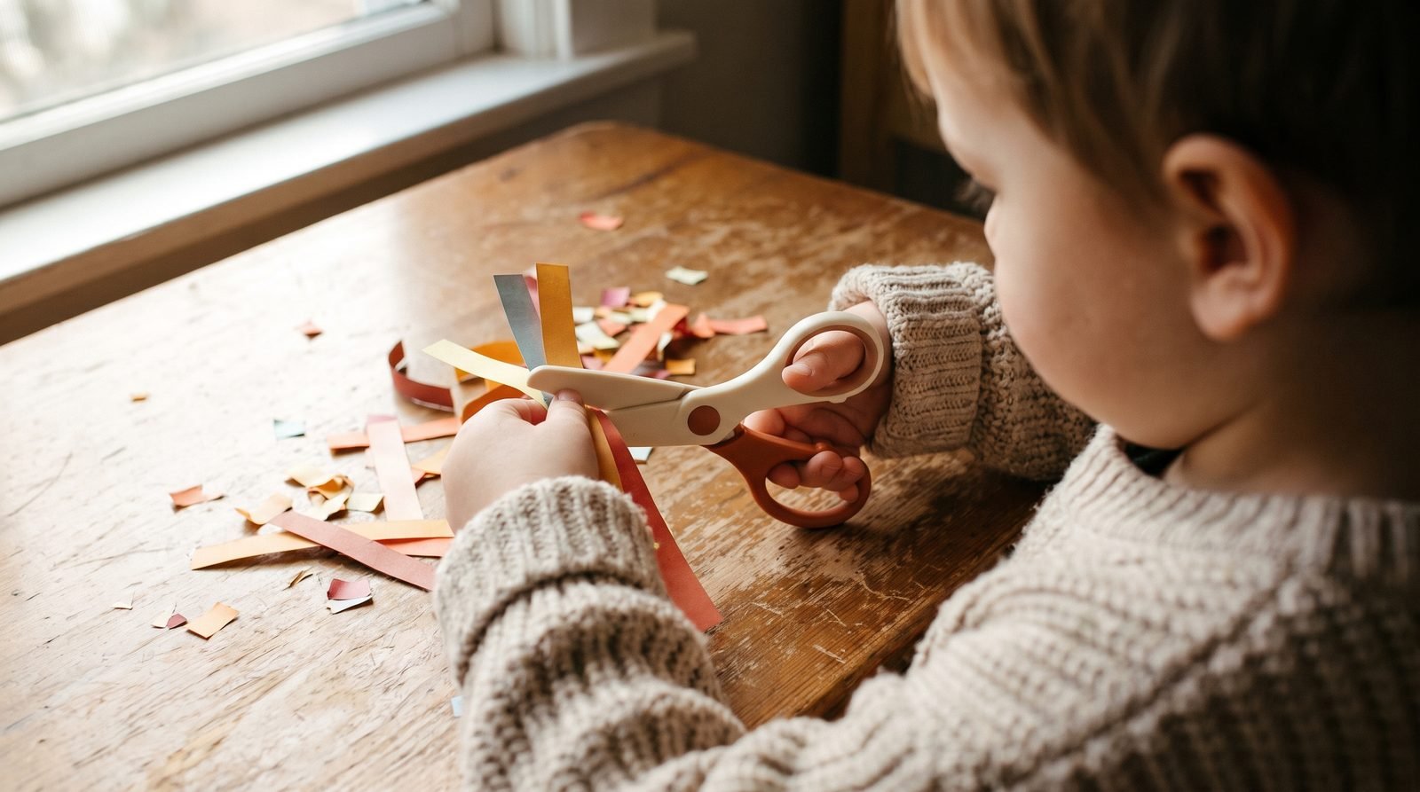 A child's hands using safety scissors to snip paper strips