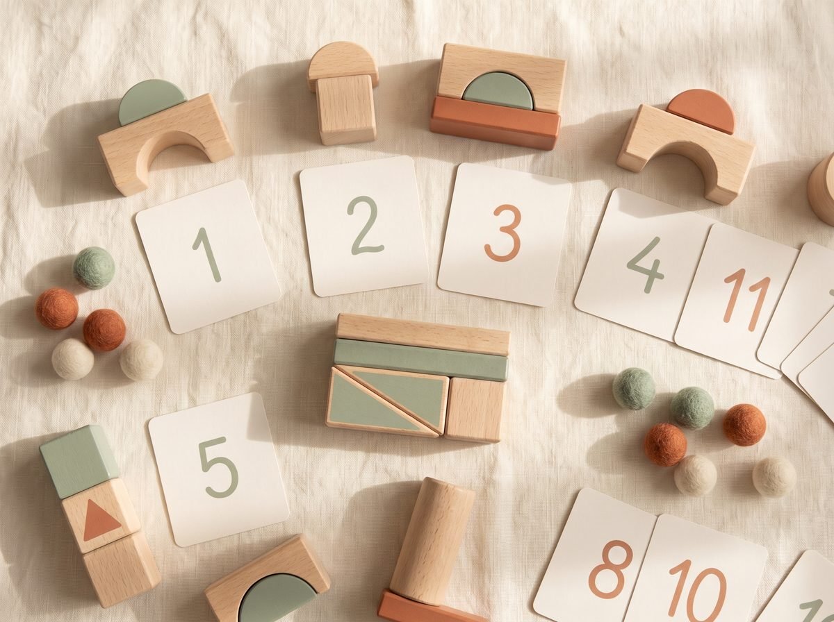 Flat-lay of counting objects grouped beside a printable number worksheet