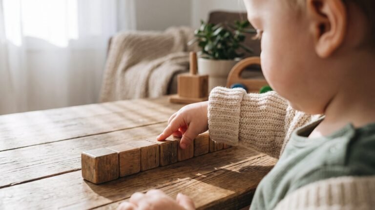 A child's hand touching and counting small wooden blocks on a table