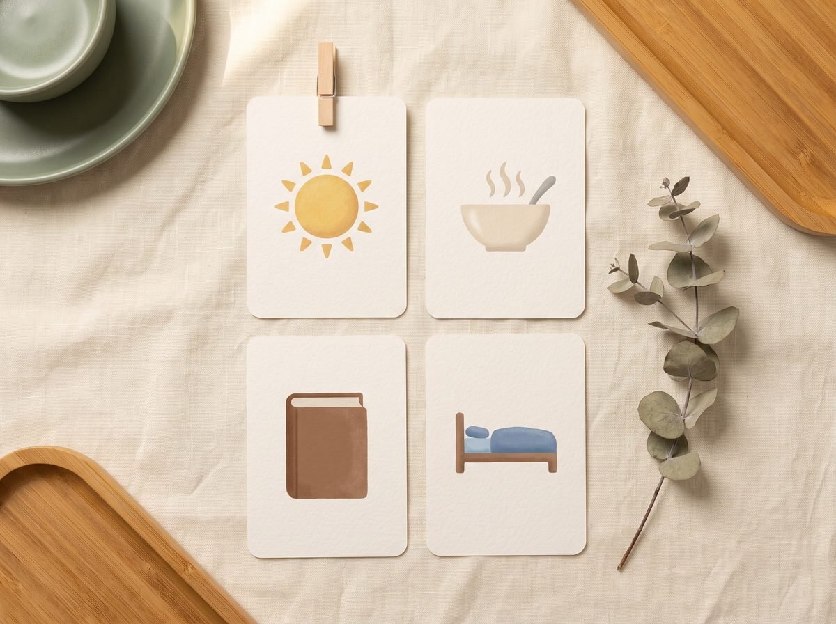 Flat-lay of printable routine cards showing morning-to-night icons in order