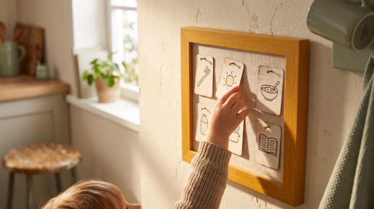 A printable picture schedule with simple icons pinned to a kitchen wall