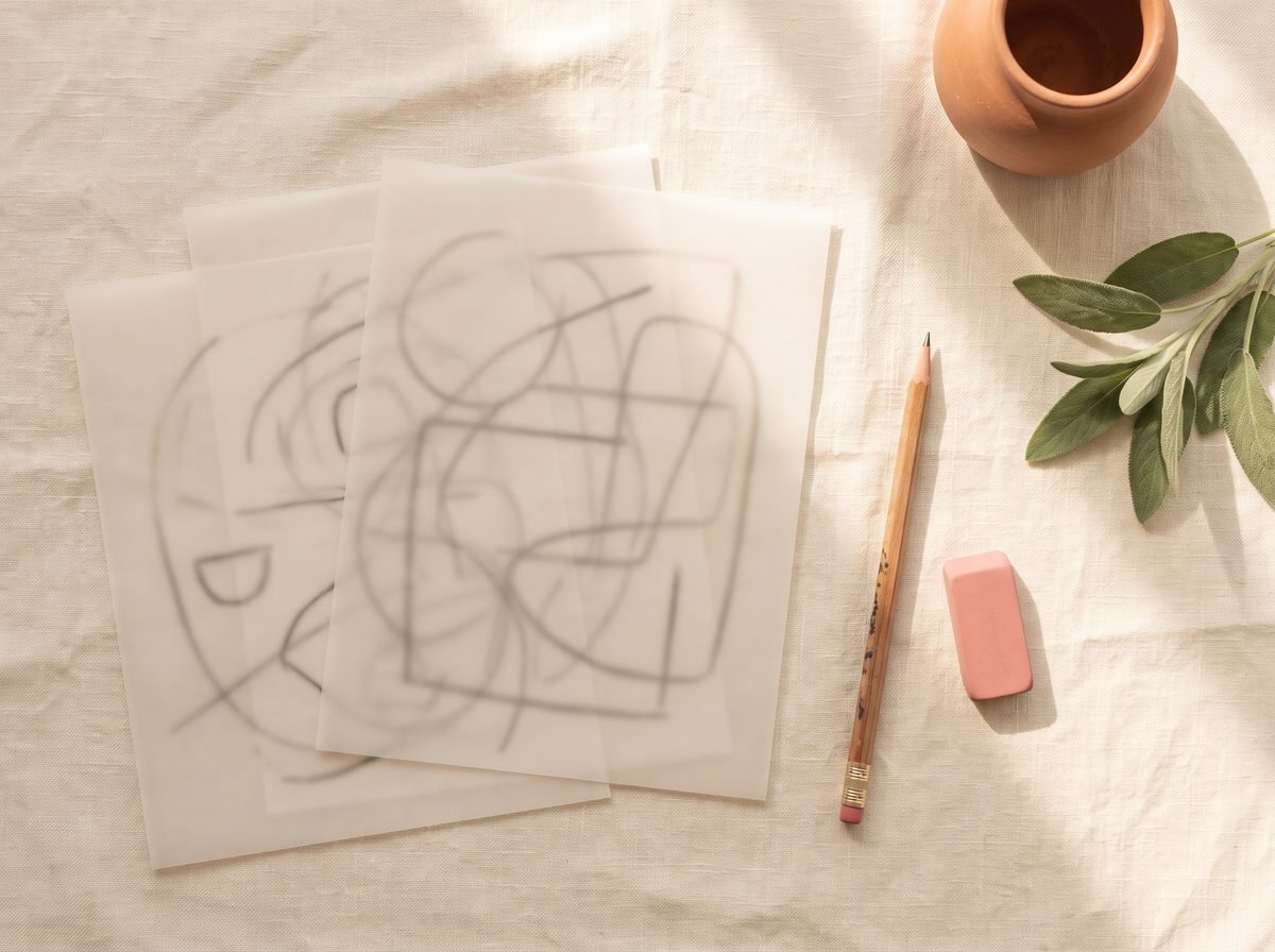 Flat-lay of kindergarten tracing sheets with letters, numbers and a pencil