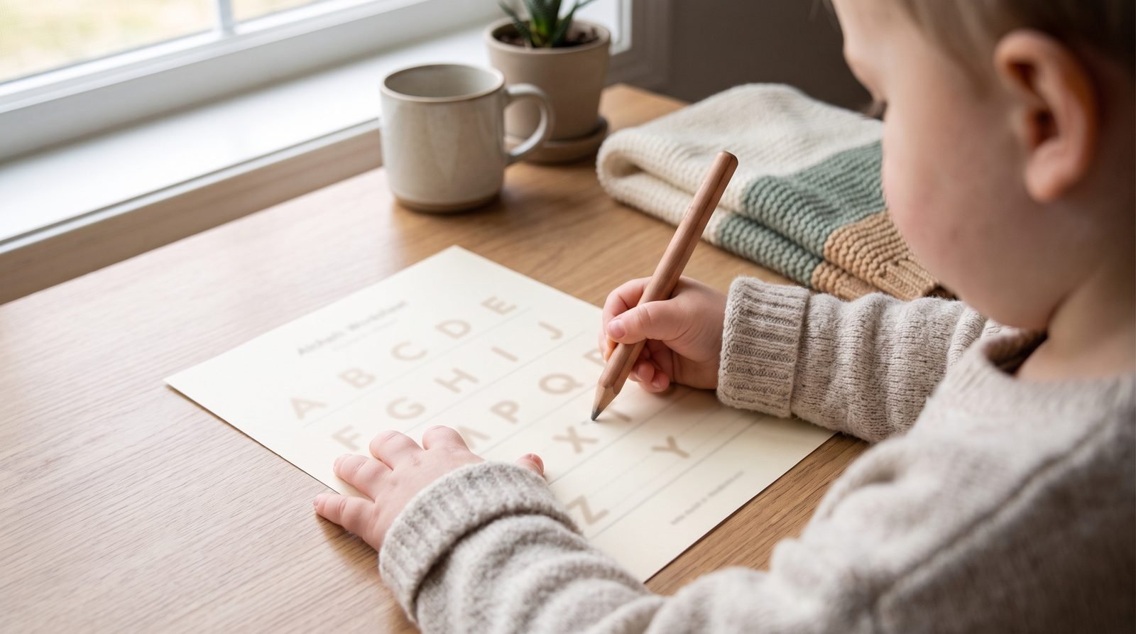 A kindergarten-age child tracing letters on a printable sheet at a tidy desk