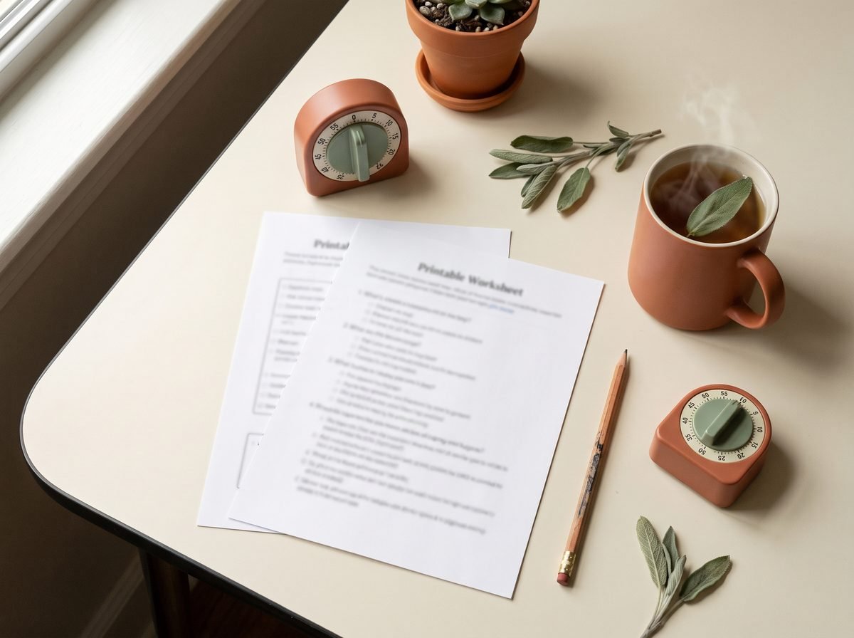 Flat-lay of a simple daily home learning plan with worksheets, pencil and a timer