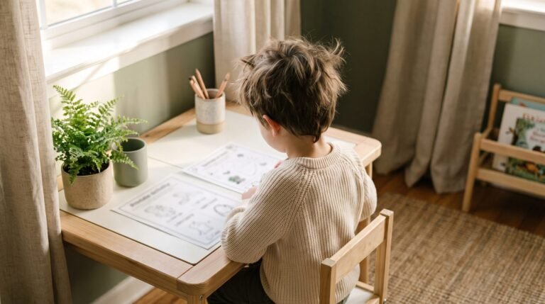 Kindergarten-age child working at a tidy home learning table in warm light