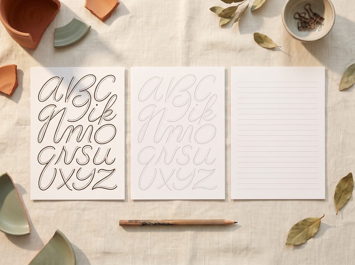 Flat-lay showing worksheets from dotted to faint to blank lines in order