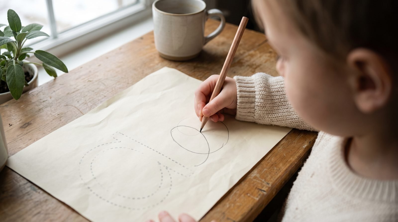 A child writing a letter freehand next to a faded tracing guide