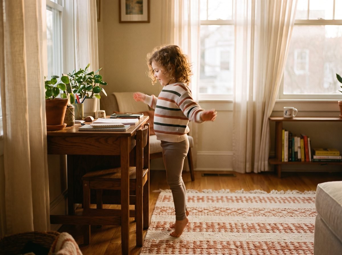 A child mid-movement break stretching beside a small home desk