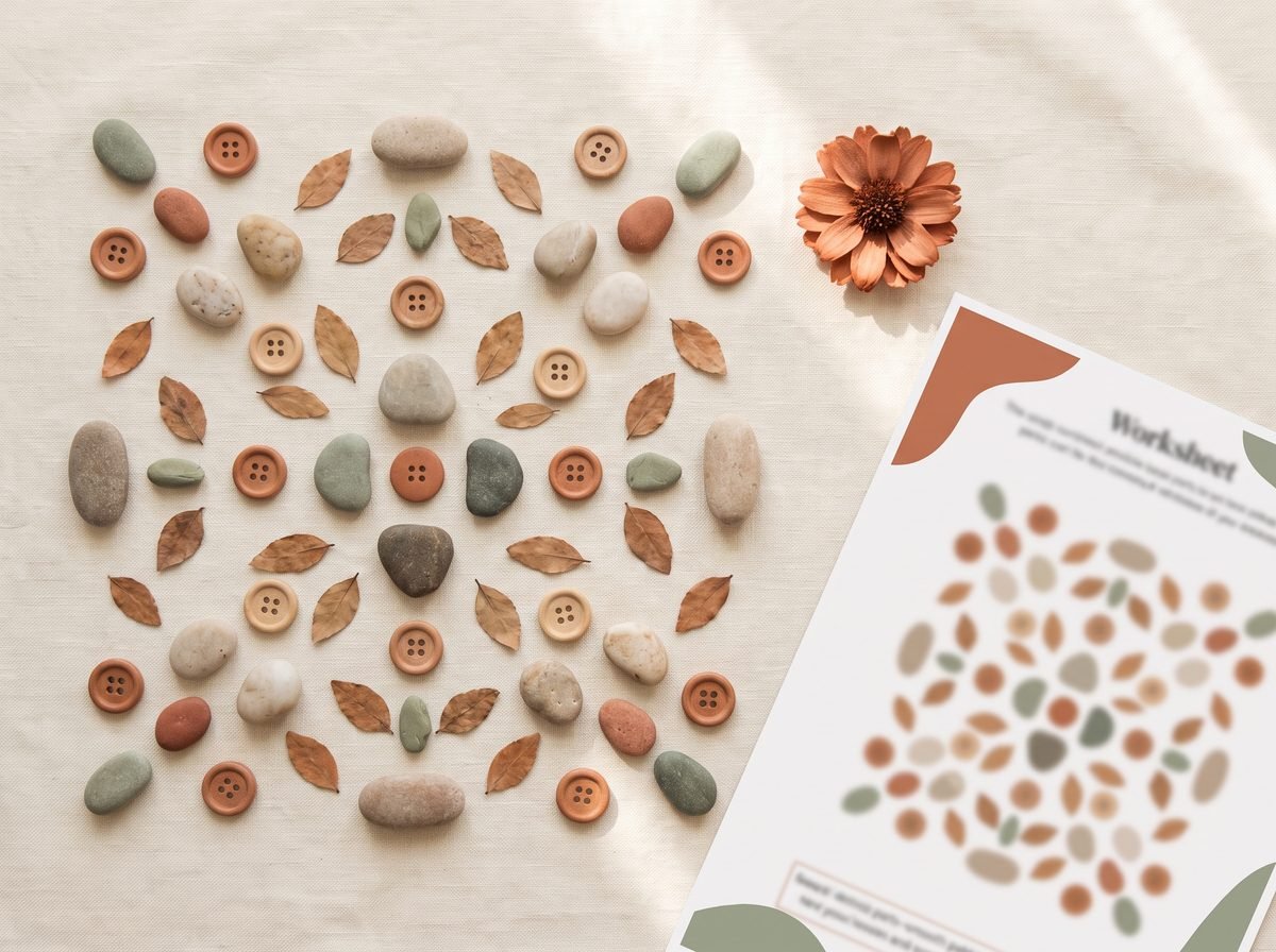Flat-lay of natural loose parts arranged in a repeating pattern beside a blurred printable pattern worksheet