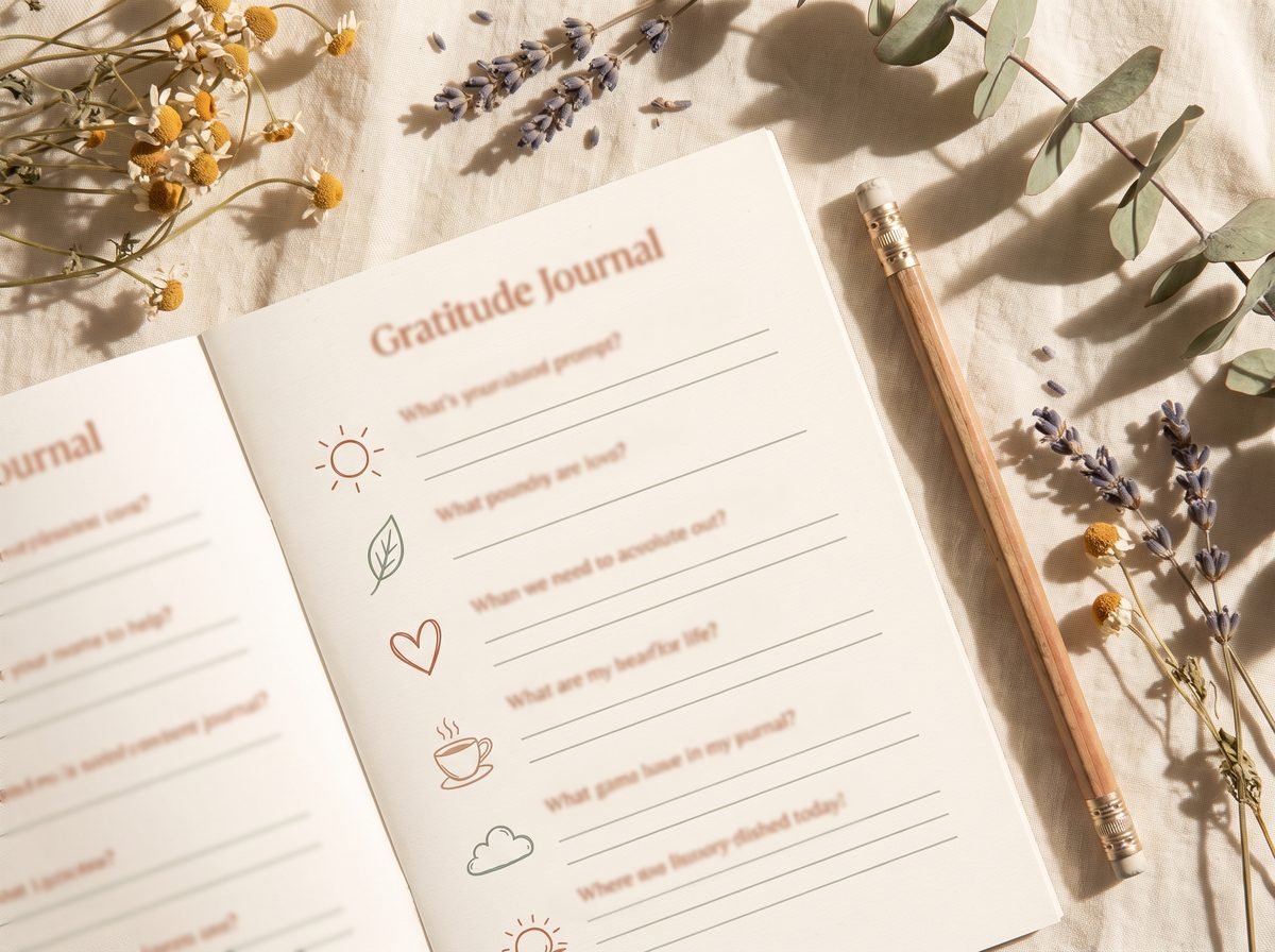 Flat-lay of a printable gratitude journal with a pencil and dried flowers on cream linen