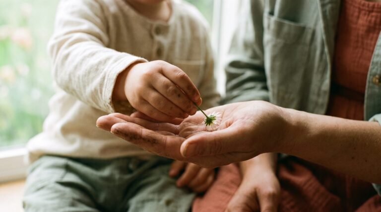 A young child handing a small flower to a family member outdoors in soft light