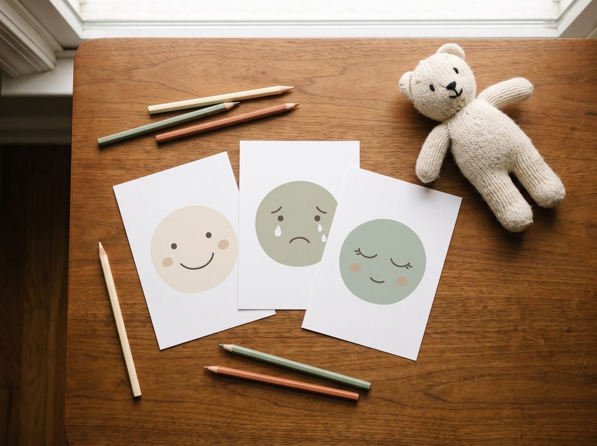 A quiet calm-down corner with cushions, a basket and printable feelings cards